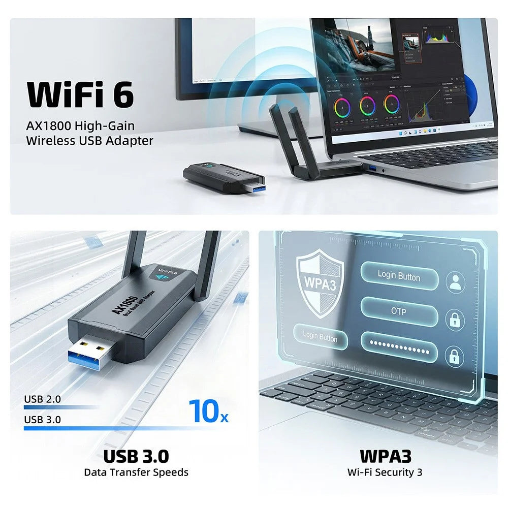 AX1800 USB 3.0 WiFi 6 Adapter 1800Mbps 5GHz / 2.4GHz Dual Band Wireless Network Card for PC Desktop - Black - 4