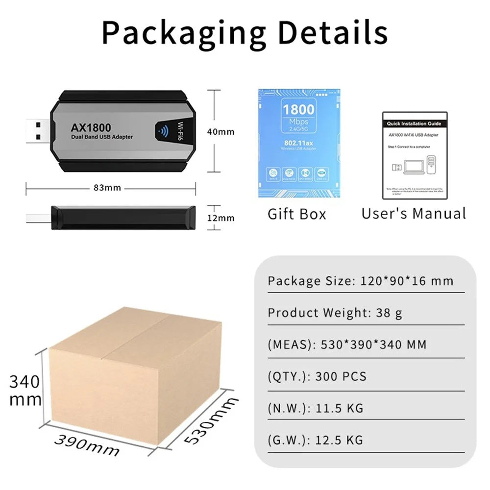 AX1800 USB 3.0 WiFi 6 Adapter 1800Mbps 5GHz / 2.4GHz Dual Band Wireless Network Card for PC Desktop - Black - 6