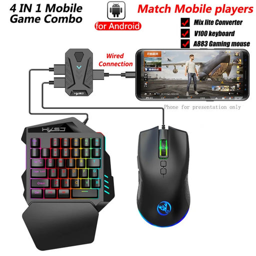 HXSJ A883 Wired RGB Gaming Mouse + V100 35 Keys Single-hand Gaming Keyboard + P8 Portable Keyboard Mouse Converter for Android - 2