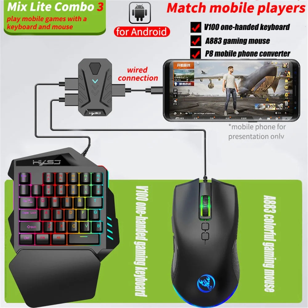 HXSJ A883 Wired RGB Gaming Mouse + V100 35 Keys Single-hand Gaming Keyboard + P8 Portable Keyboard Mouse Converter for Android - 3