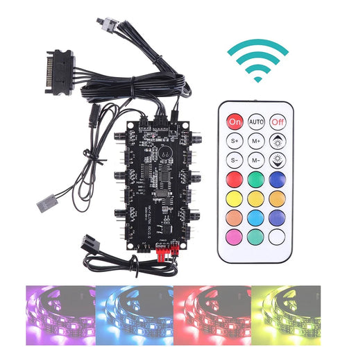 SATA Power Supply 1 to 6 Fan Hub 5V 4Pin PWM 3Pin ARGB Splitter for PC LED Light Cooler Controller with Wireless IR Remote Control - 1