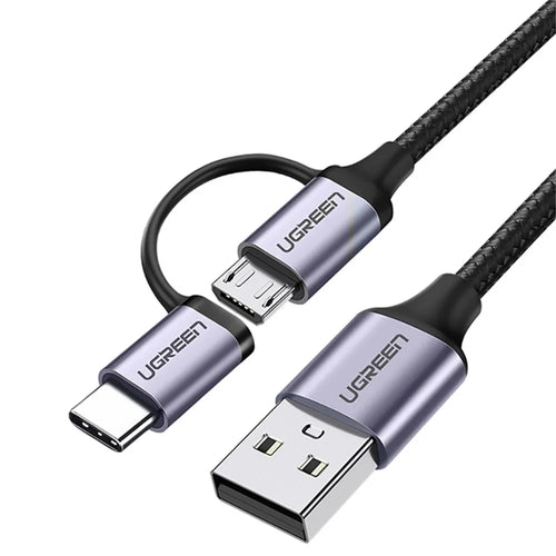 UGREEN 30875 1m 2 in 1 USB Cable 3A Fast Charging Cord USB2.0 to Micro USB + Type-C Data Cable Aluminum High-Speed Data Sync Transfer - 1