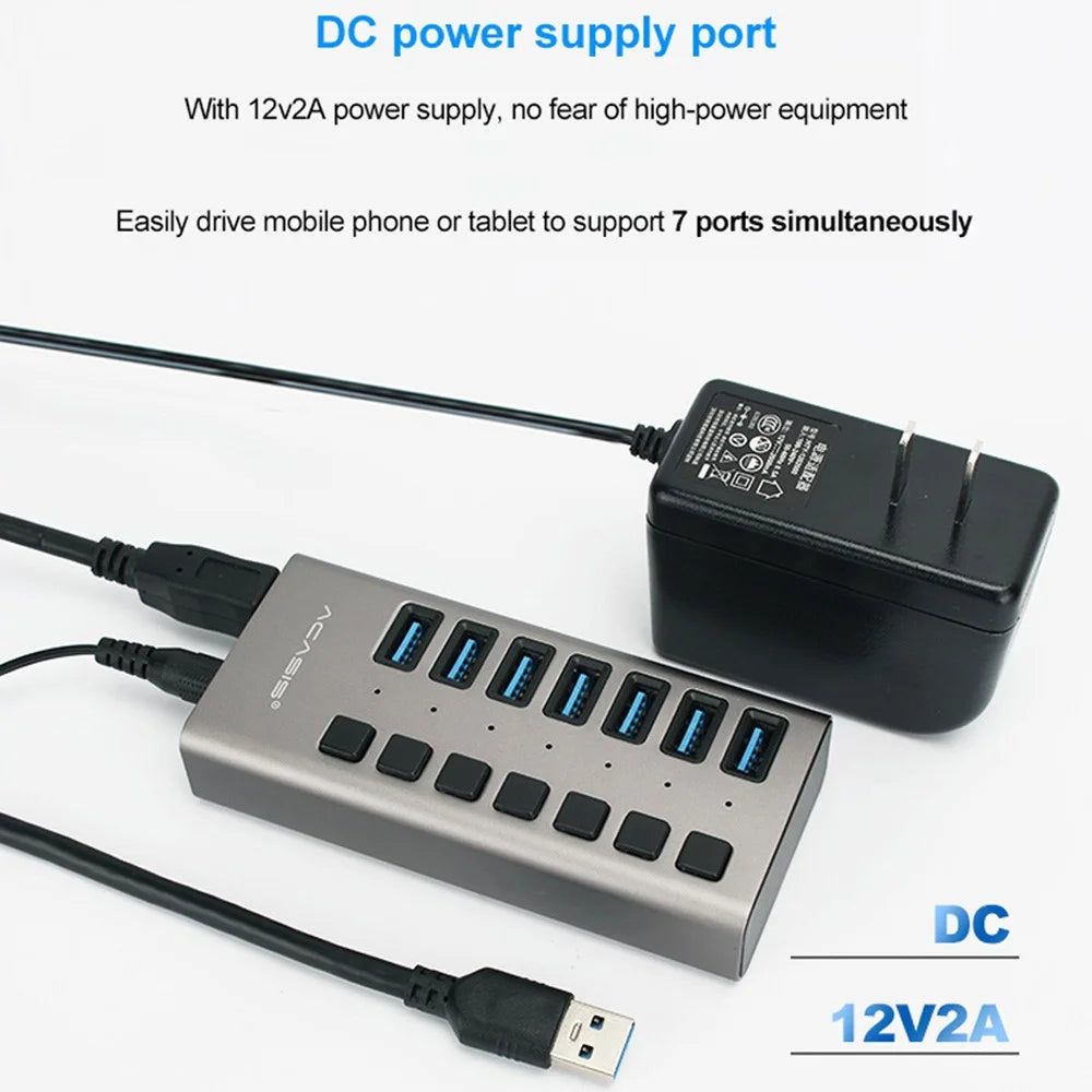 ACASIS HS-707MG 7 Ports USB3.0 5Gbps High Speed Transmission Charging Dock USB Hub Splitter with Independent Switch - US Plug - 5
