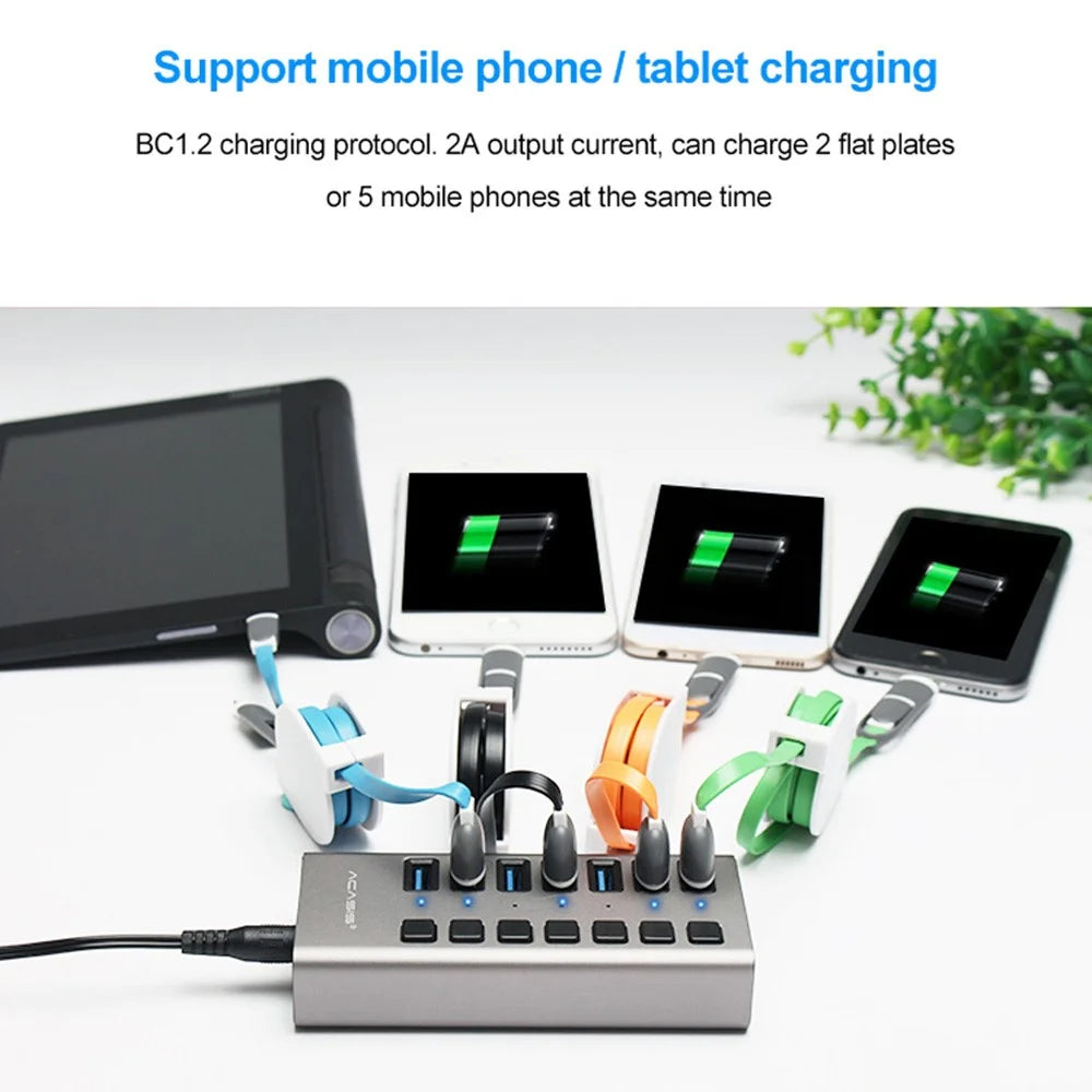 ACASIS HS-707MG 7 Ports USB3.0 5Gbps High Speed Transmission Charging Dock USB Hub Splitter with Independent Switch - US Plug - 6