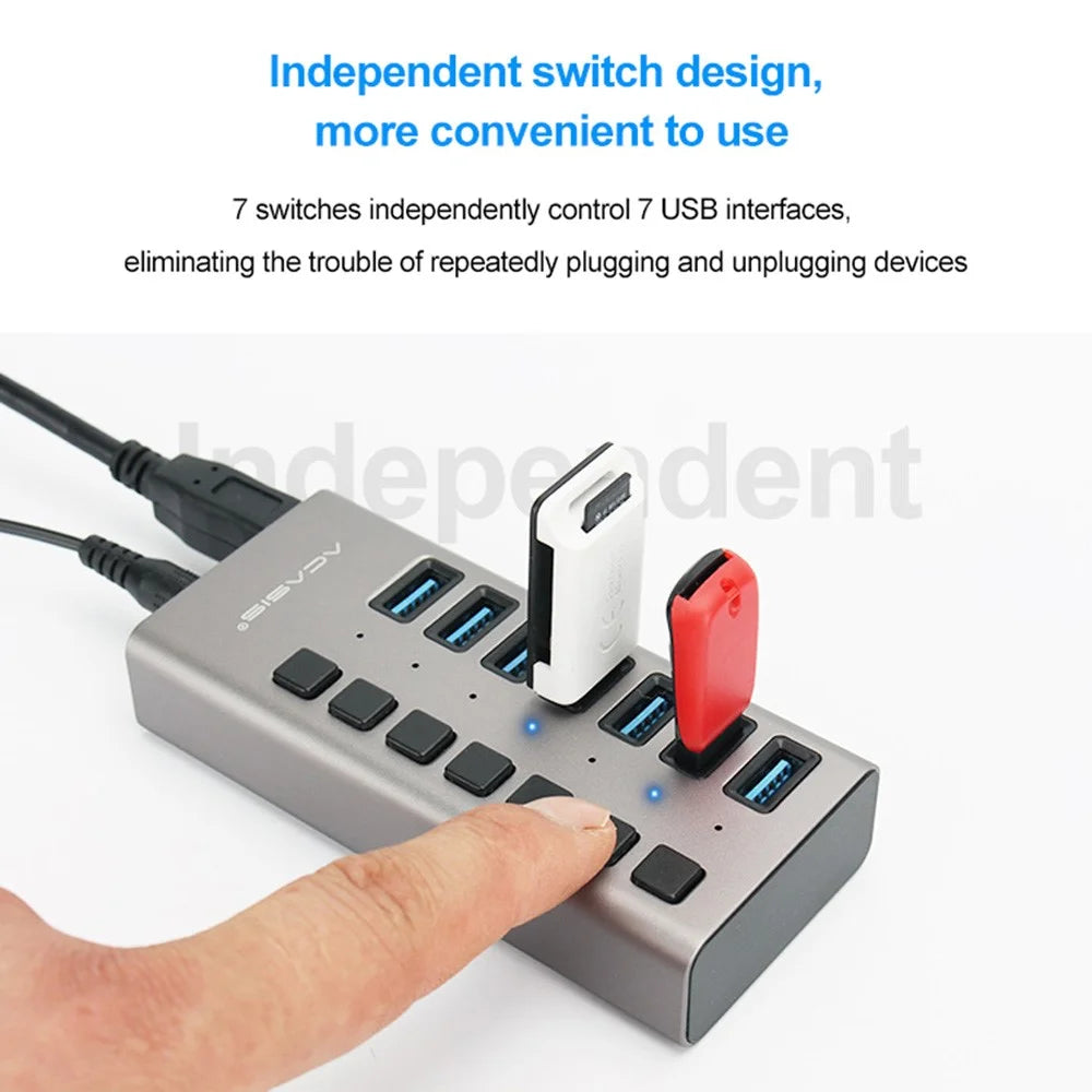ACASIS HS-707MG 7 Ports USB3.0 5Gbps High Speed Transmission Charging Dock USB Hub Splitter with Independent Switch - US Plug - 7