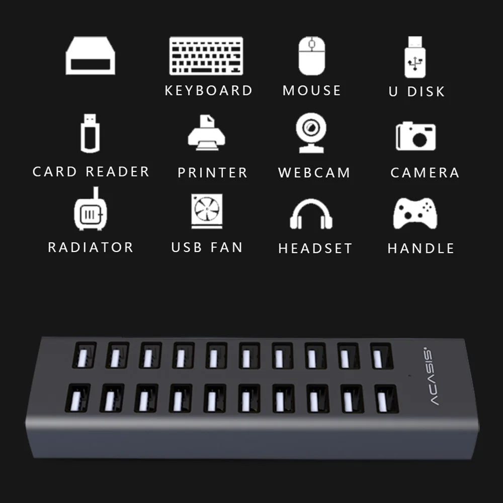 ACASIS H037 USB2.0 Hub Multi-Function Extended 20-Port Hub Adapter with Power Supply Port - US Plug - 5