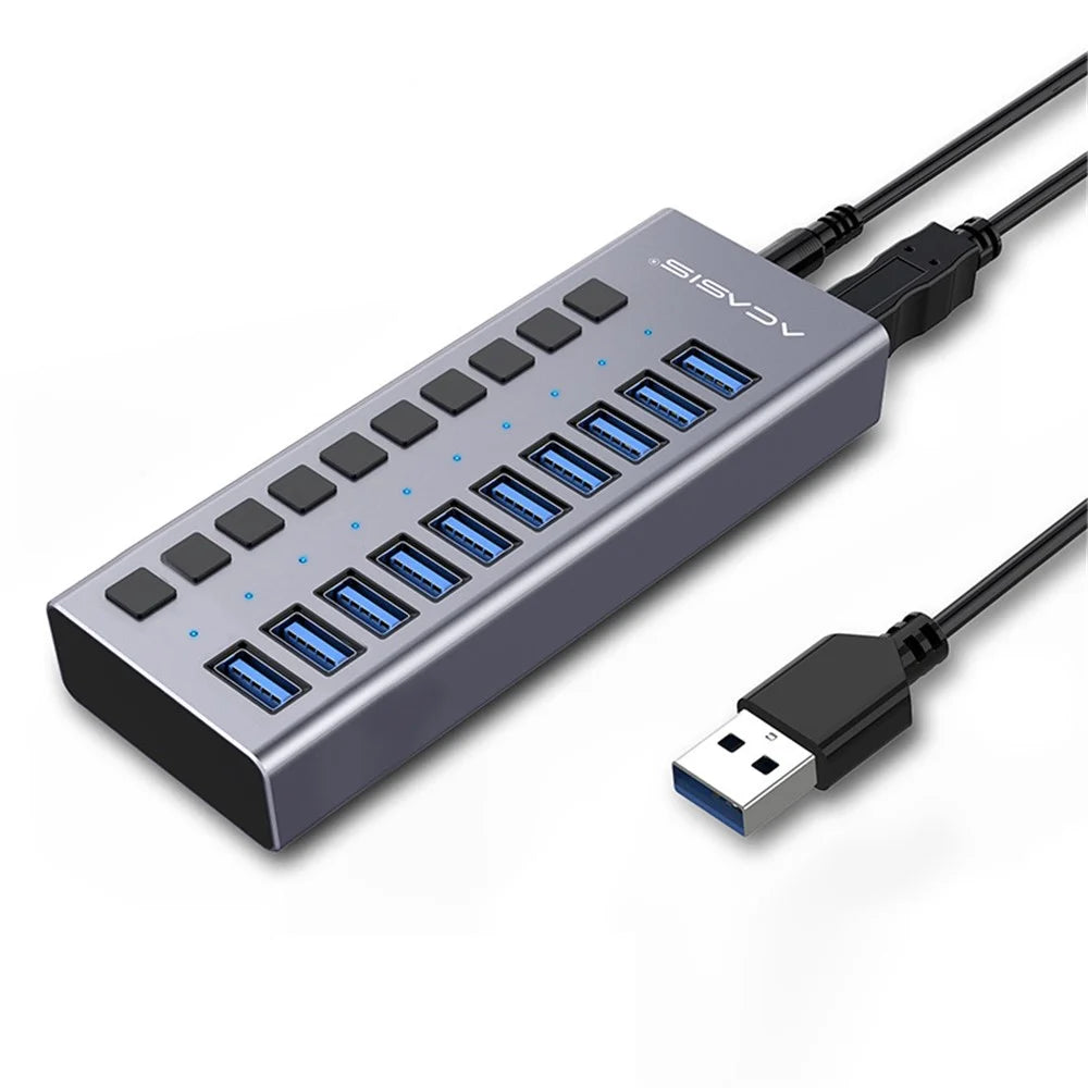 ACASIS HS-710MG 10 Ports USB3.0 Splitter 5Gbps High Speed Transmission Charging Dock USB Hub with Independent Switch - Grey/EU Plug - 1