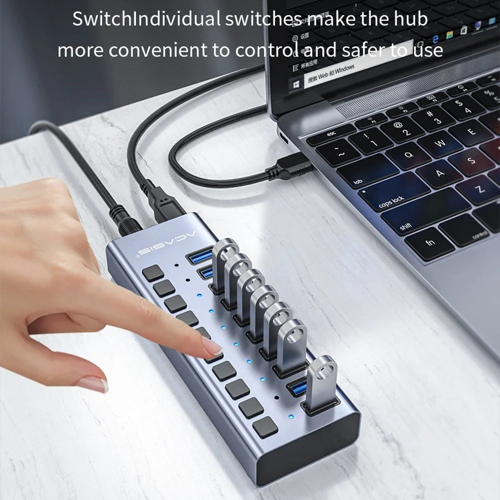 ACASIS HS-710MG 10 Ports USB3.0 Splitter 5Gbps High Speed Transmission Charging Dock USB Hub with Independent Switch - Grey/EU Plug - 2