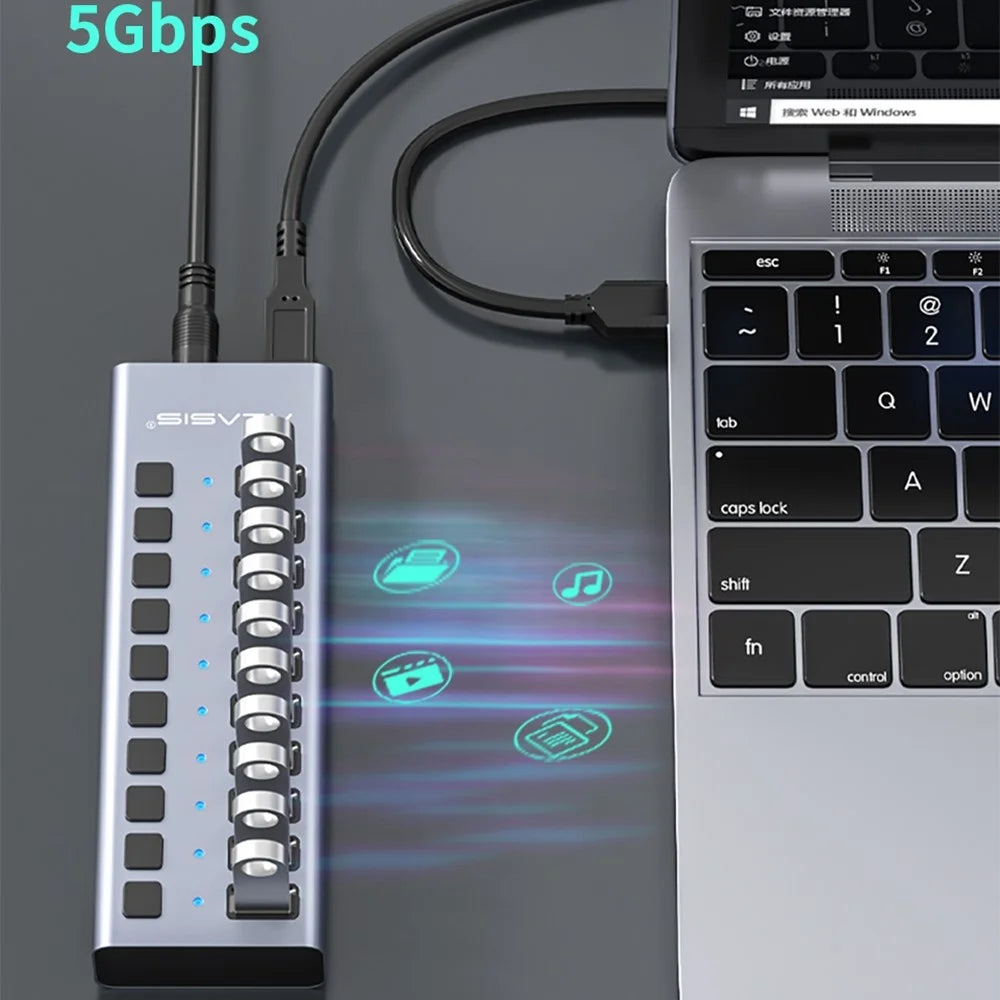 ACASIS HS-710MG 10 Ports USB3.0 Splitter 5Gbps High Speed Transmission Charging Dock USB Hub with Independent Switch - Grey/EU Plug - 3