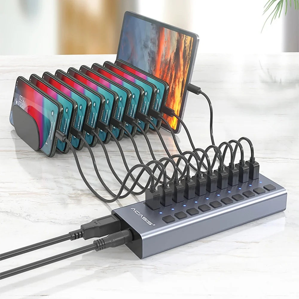 ACASIS HS-710MG 10 Ports USB3.0 Splitter 5Gbps High Speed Transmission Charging Dock USB Hub with Independent Switch - Grey/EU Plug - 5