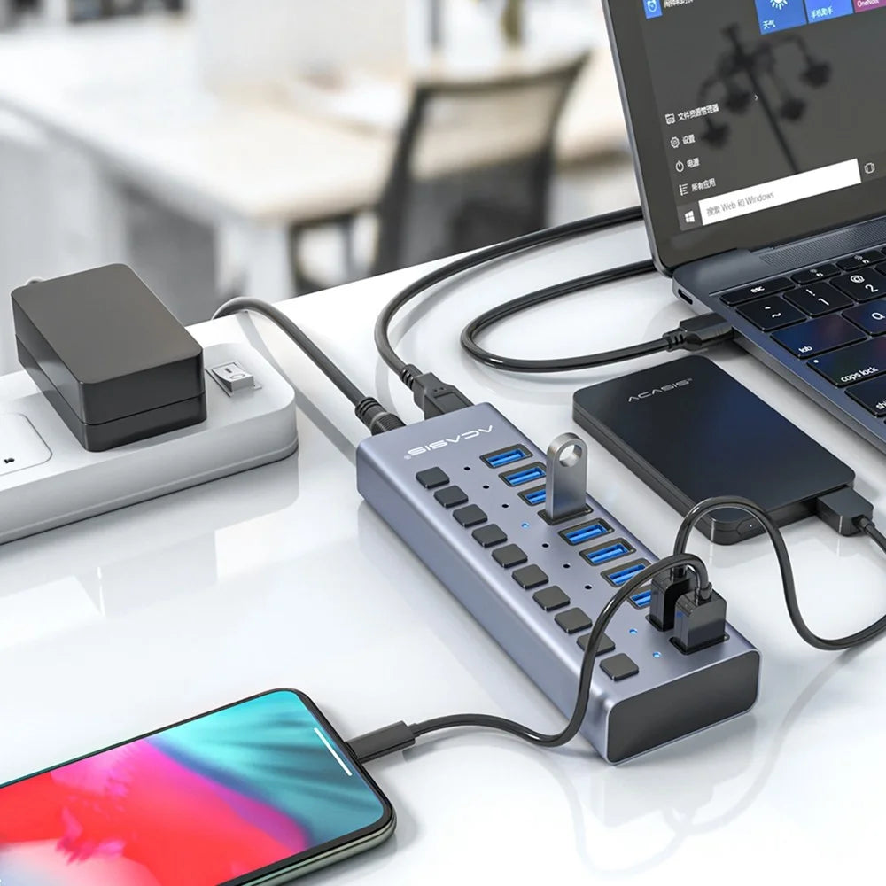 ACASIS HS-710MG 10 Ports USB3.0 Splitter 5Gbps High Speed Transmission Charging Dock USB Hub with Independent Switch - Grey/EU Plug - 6