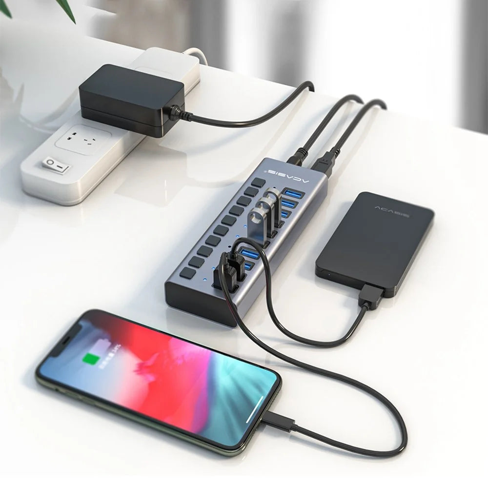 ACASIS HS-710MG 10 Ports USB3.0 Splitter 5Gbps High Speed Transmission Charging Dock USB Hub with Independent Switch - Grey/EU Plug - 7