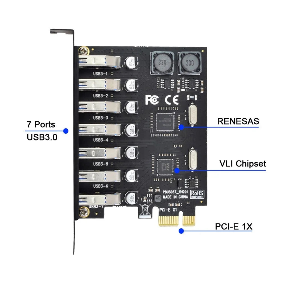 U3-019-7P 7 Ports 5Gbps PCI-E to USB 3.0 HUB PCI Express Expansion Card Adapter with NEC+VLI Dual Chip - 2