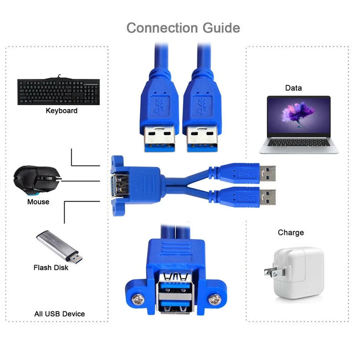 U3-104 50cm Dual USB 3.0 Male to Stackable Dual USB Female Extension Cable with Screw Panel Mount Holes - 6