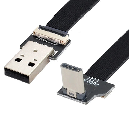 U2-039-UP-0.2M CN-011-MA/CN-013-UP/CN-019 480Mbps USB 2.0 Type-A Male to Up/Down Angled Type-C Male Flat Slim FPC Data Cable for FPV/Disk/Phone - 1