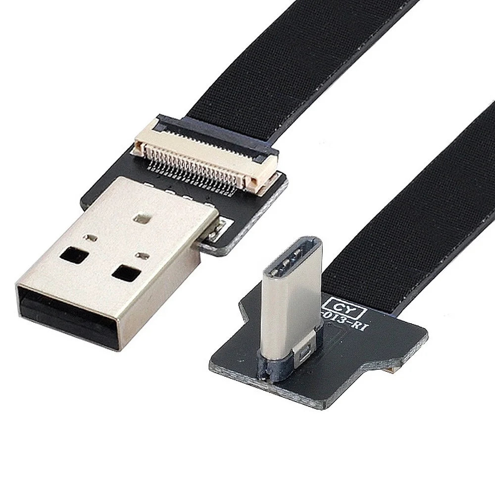 U2-039-RI-0.2M CN-011-MA/CN-013-RI/CN-019 USB 2.0 Type-A Male to Type-C Male Right Angled Flat Slim FPC Data Cable for FPV/Disk/Phone - 1