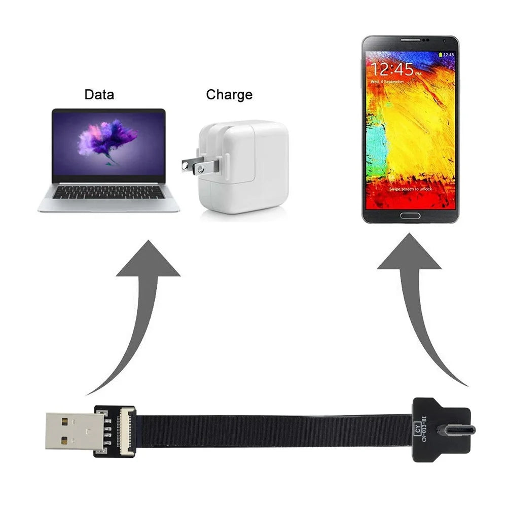 U2-039-RI-0.2M CN-011-MA/CN-013-RI/CN-019 USB 2.0 Type-A Male to Type-C Male Right Angled Flat Slim FPC Data Cable for FPV/Disk/Phone - 5