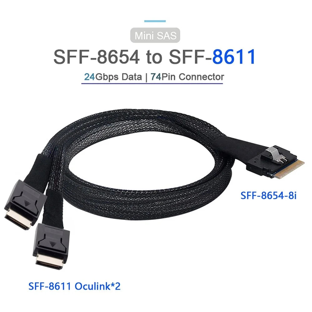 SF-038-0.5M PCI-E Slimline SAS Slim 4.0 SFF-8654 8i 74-pin to Dual Oculink SFF-8611 Cable 50cm PCI-Express Conversion Cord - 2