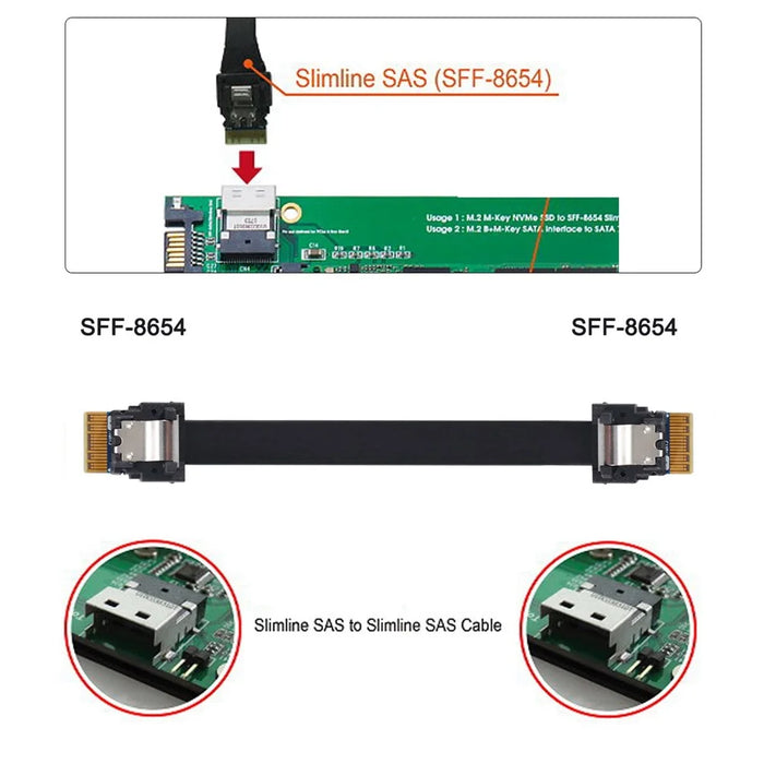 SF-100-0.4M PCI-E Slim Line SAS 4.0 SFF-8654 4i 38-pin Host to SFF-8654 Slim SAS Target Cable - 4