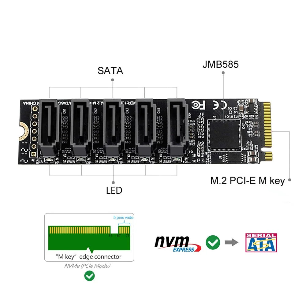 SA-004 22x80mm NGFF NVME M-Key PCI Express to SATA 3.0 5 Ports Adapter Card Converter Hard Drive Extension Card Support 6Gbps Data Transmission JMB585 2280 - 6