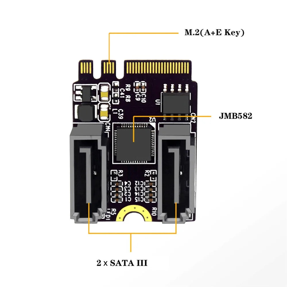 SA-034 22x30mm NGFF Key A+E PCI Express to Dual SATA-7P 3.0 6Gbps Adapter Card Hard Drive Extension Converter JMB582 - 3