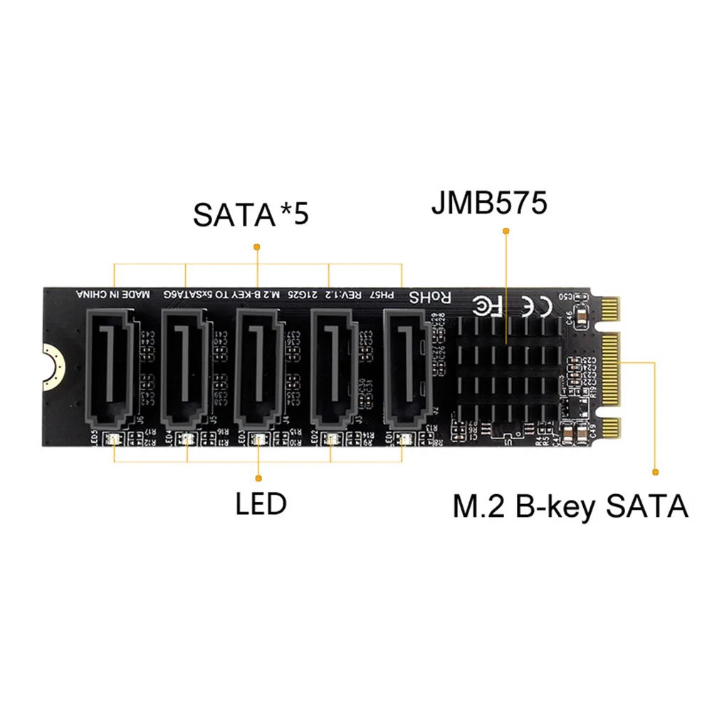 SA-035 22x80mm NGFF Key B+M to SATA 3.0 6Gbps 5 Ports Adapter Converter Port Select JMB575 - 5