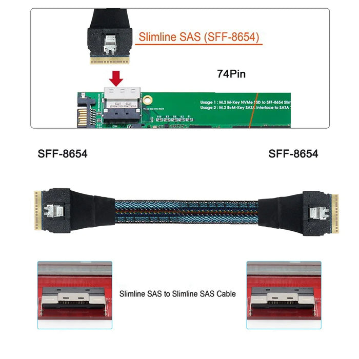 SF-028 0.5m PCI-E Slim Line SAS 4.0 SFF-8654 8i 74Pin Host to SFF-8654 Slim SAS Target Cable - 7