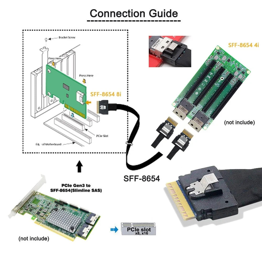 SF-034-0.4M PCI-E Ultraport Slimline SAS Slim 4.0 SFF-8654 8i 74Pin to Dual SFF-8654 4i 38Pin Cable - 6