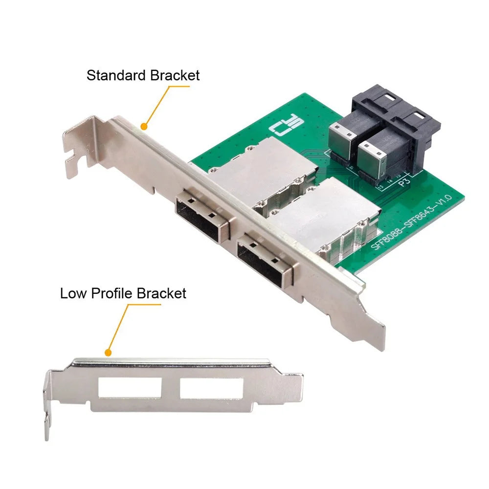 SF-030 Dual Ports Mini SAS SFF-8088 to Internal SAS HD SFF-8643 PCBA Female Adapter with Low Profile Bracket - 2