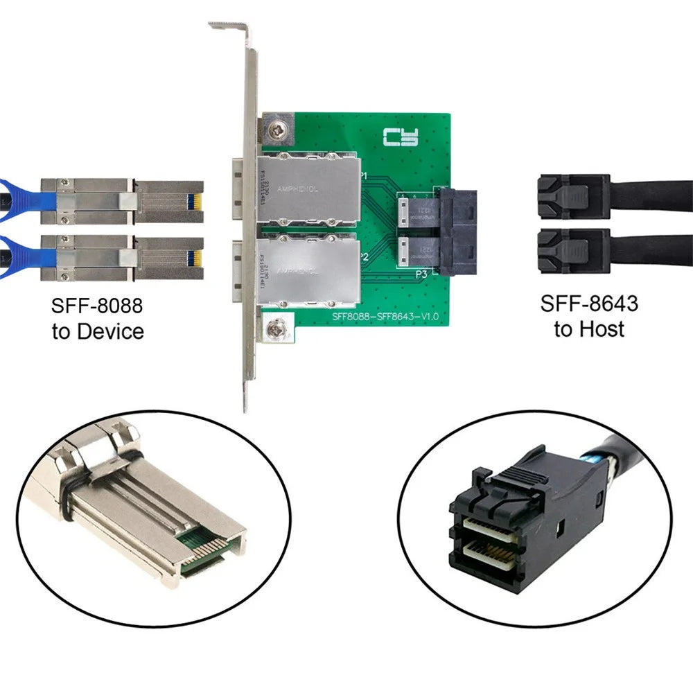 SF-030 Dual Ports Mini SAS SFF-8088 to Internal SAS HD SFF-8643 PCBA Female Adapter with Low Profile Bracket - 5