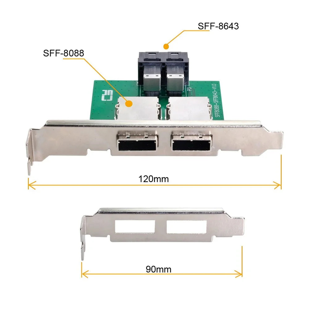 SF-030 Dual Ports Mini SAS SFF-8088 to Internal SAS HD SFF-8643 PCBA Female Adapter with Low Profile Bracket - 6