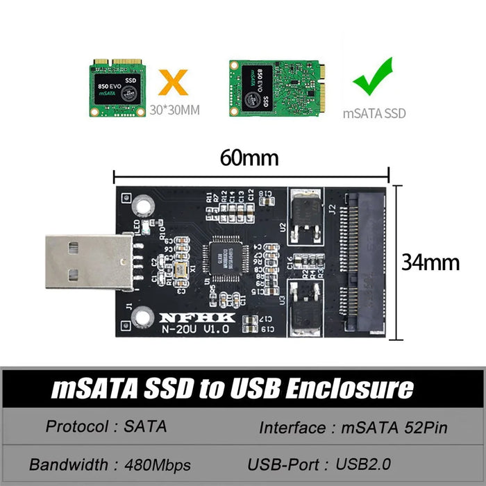 U2-008 Mini PCI-E mSATA to USB 2.0 External SSD PCBA Converter Adapter Card without Case - 4
