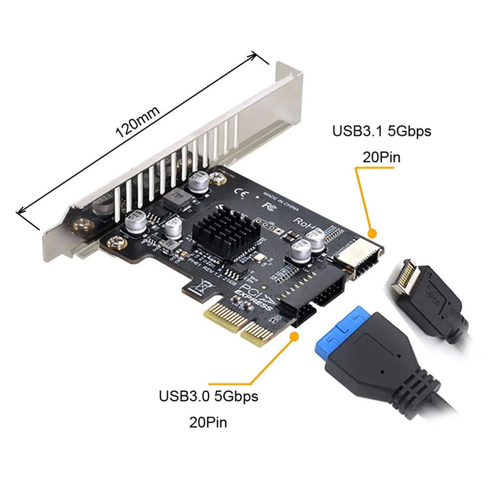 UC-039 Type-E USB 3.1 Front Panel Socket + USB 3.0 20-pin to PCI-E 1X Express Card VL805 Motherboard Adapter - 4