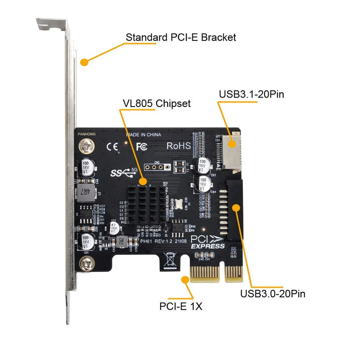 UC-039 Type-E USB 3.1 Front Panel Socket + USB 3.0 20-pin to PCI-E 1X Express Card VL805 Motherboard Adapter - 6