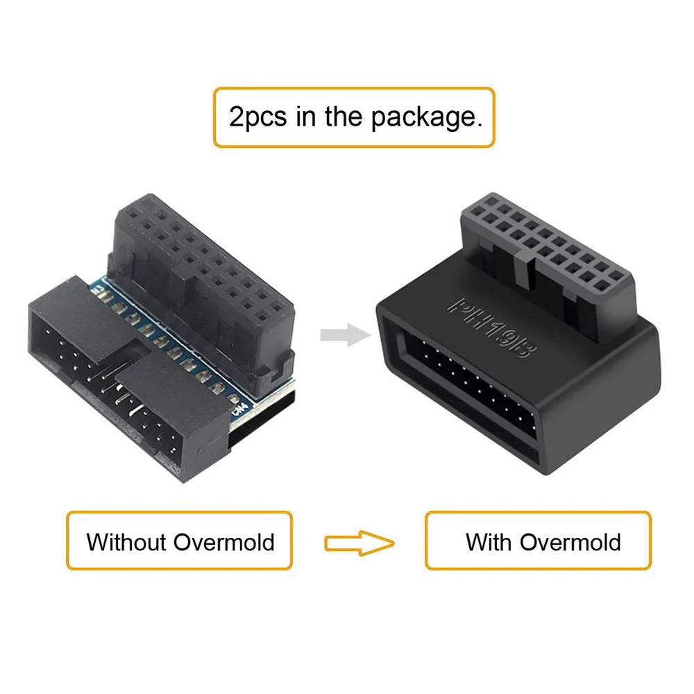 U3-091 PH19A+PH19B 2Pcs USB 3.0 20Pin Male to Female Extension Adapter Up and Down Angled 90 Degree Overmold Converter - 3