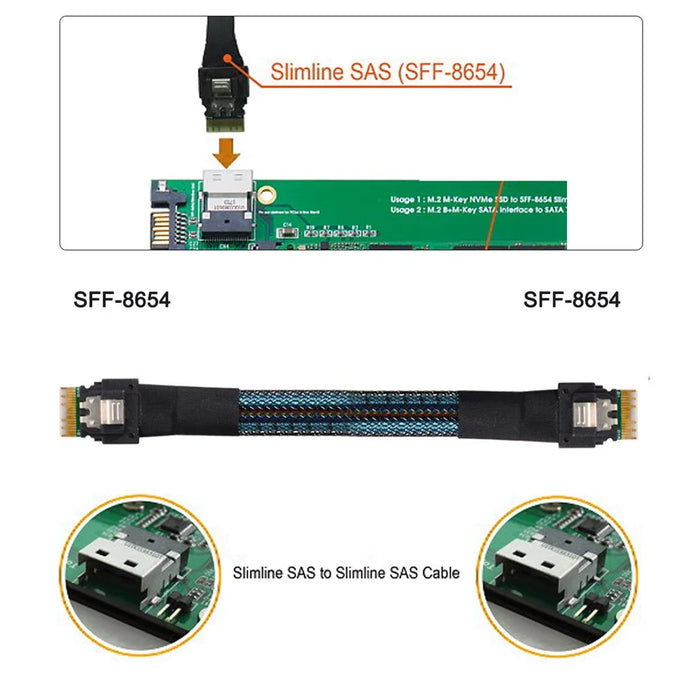 SF-100 50cm PCI-E Slim Line SAS 4.0 SFF-8654 4i 38pin Host to SFF-8654 Slim SAS Target Cable - 5