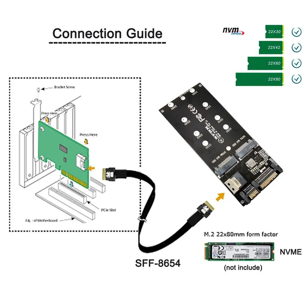 SF-016 SATA Adapter SFF-8654 to U2 Kit NGFF M-Key to Slimline SAS NVME PCIe SSD SATA Adapter for Mainboard - 6