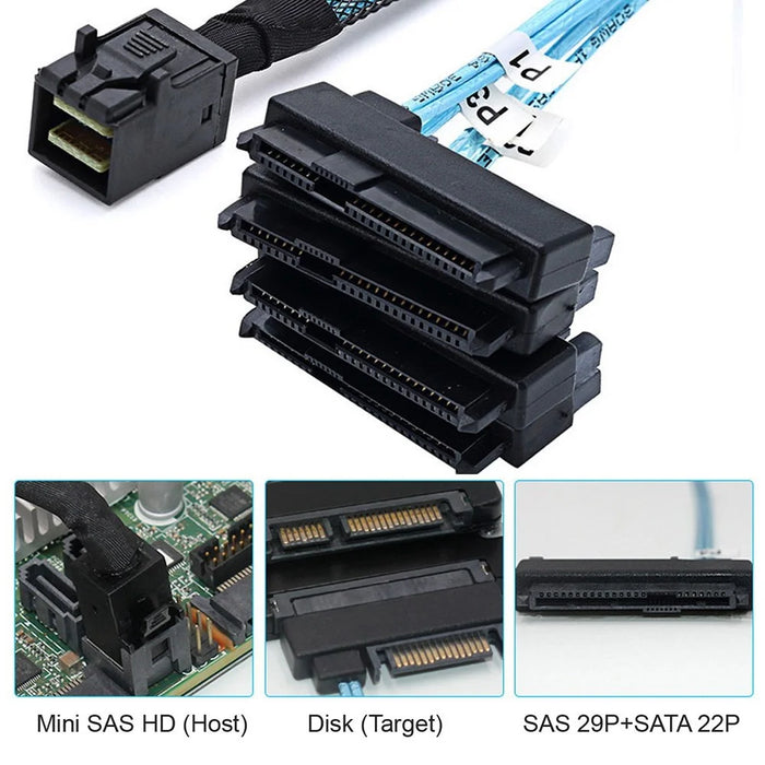 SF-012-0.5M Internal Mini SAS SFF-8643 Host to 4 SAS 29Pin SFF-8482 Target Disk 6Gbps Data Server Cable Adapter - 4