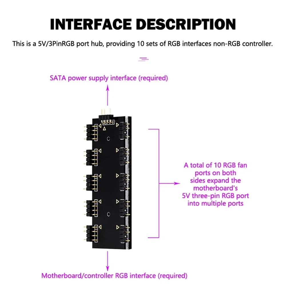 10-Channel RGB Hub 12V 4Pin  AURA Synchronous Motherboard RGB Fan Hub with 10 Ports - 2