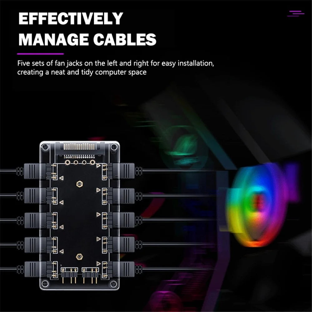 10-Channel RGB Hub 12V 4Pin  AURA Synchronous Motherboard RGB Fan Hub with 10 Ports - 4