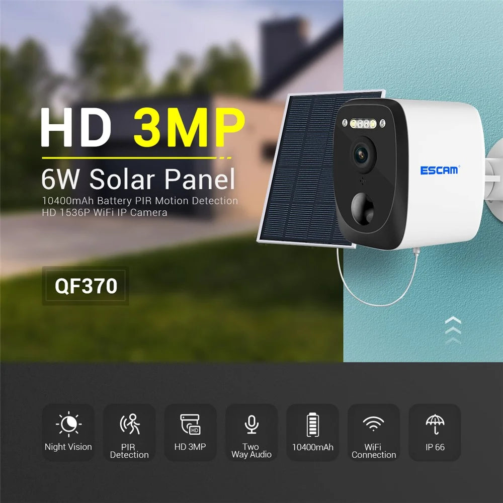 ESCAM QF370 3MP WiFi Cloud Storage Camera PIR Alarm Night Vision Two-way Audio Home Shop Security IP Camera with Solar Panel - 2