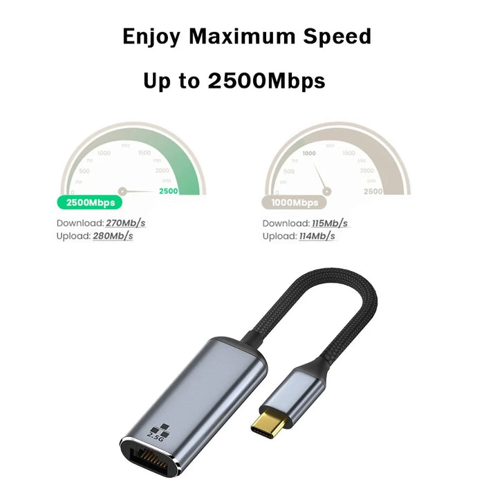 For MacBook 2500Mbps USB-C Ethernet Adapter Type-C to RJ45 LAN 2.5 Gigabit Network Card - 2