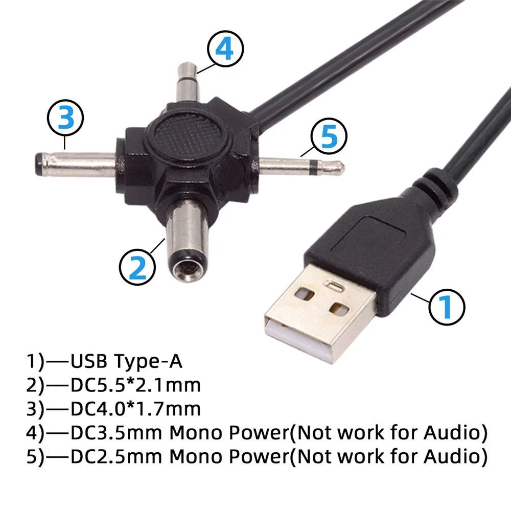 PW-010-MO 4-In-1 USB 2.0 to 5.5x2.5mm 4.0x1.7mm Mono 3.5mm 2.5mm Connector Charge Cable, 1.5m - 6