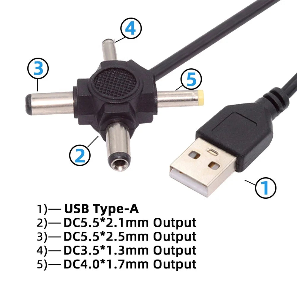 PW-010-AM USB 2.0 to DC 5.5x2.5mm 5.5x2.1mm 4.0x1.7mm 3.5x1.3mm Connector Charge Cable, 1.5m - 3