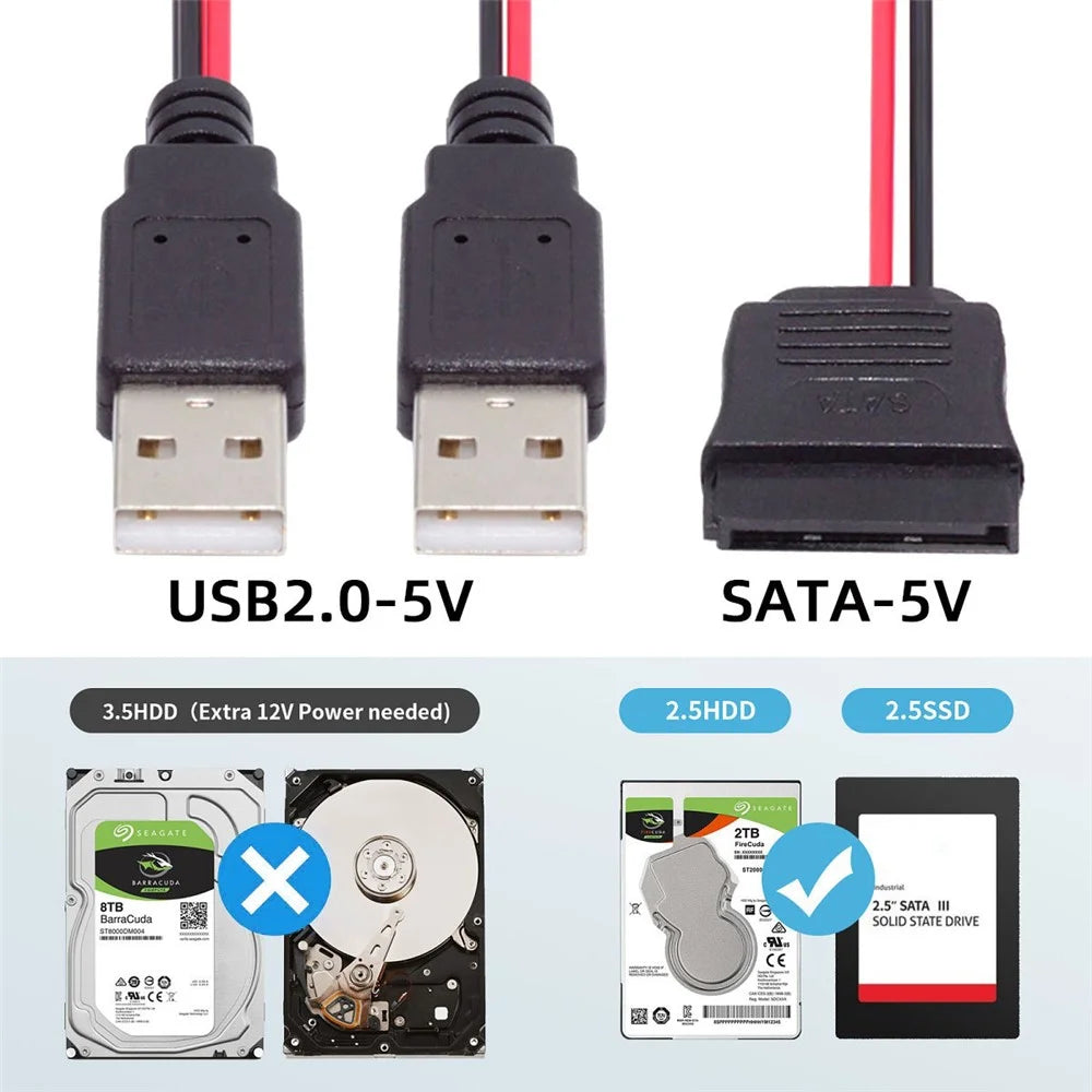 U2-070-2P DC 5V Dual USB to SATA 15-Pin Power Cable for 2.5 inch SATA HDD SSD Disk Driver, 5V 2A Max - 2