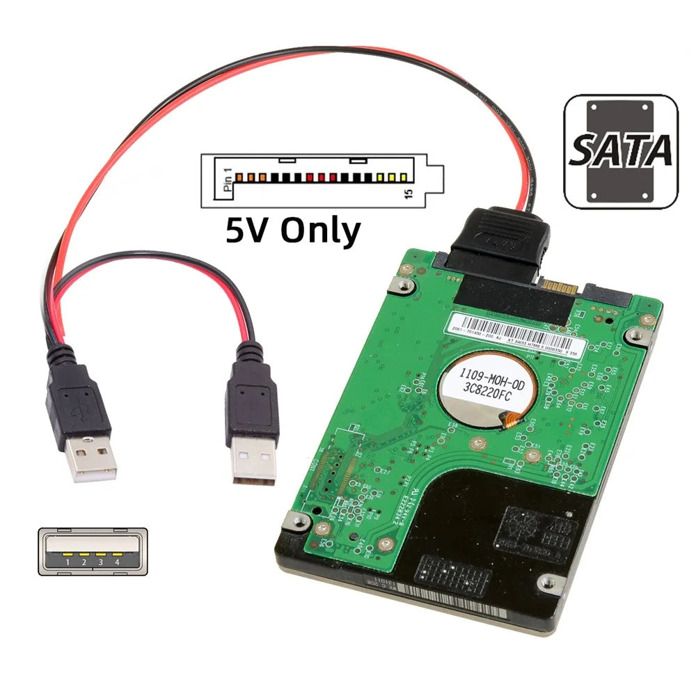 U2-070-2P DC 5V Dual USB to SATA 15-Pin Power Cable for 2.5 inch SATA HDD SSD Disk Driver, 5V 2A Max - 5