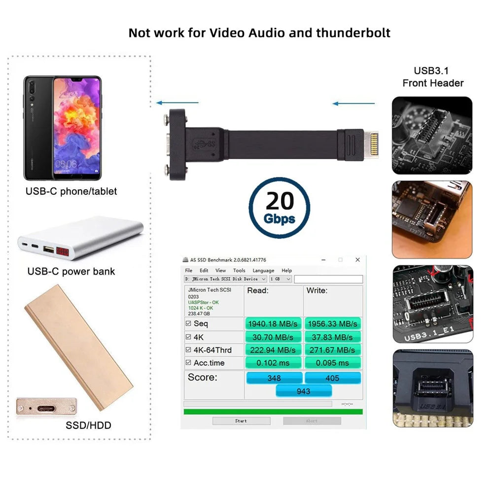 UC-037-20G USB 3.2 Type-E IDC 20Pin Front Panel Header to USB-C Female 0.5m 20Gbps Extension Cable - 2