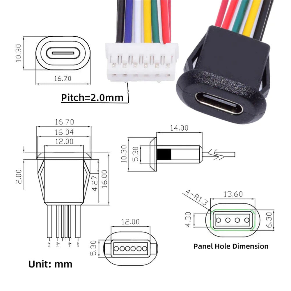 CN-025-6P 5Pcs / Set DIY OEM Type C Female Socket to 6 Pin Header Cable Pitch 2.0mm Latch Mount Type DC 5V / 20V PD Power - 6