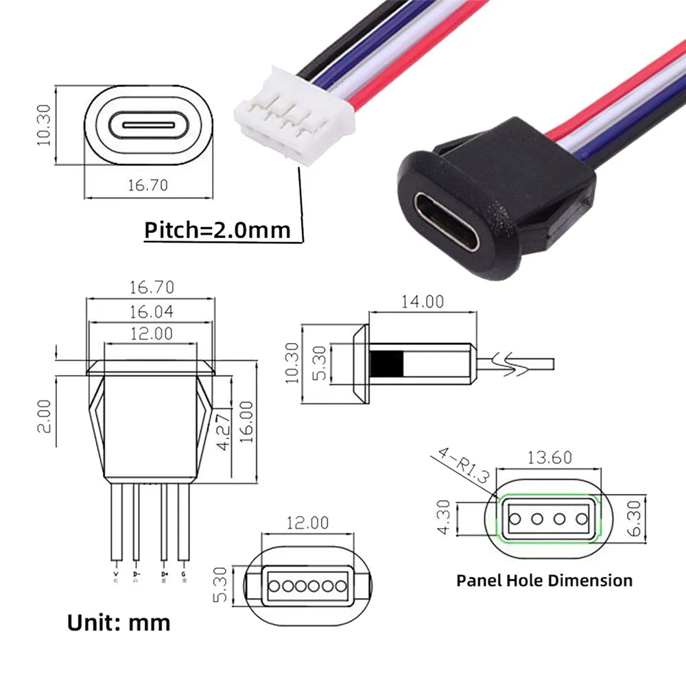 CN-025-4P 5Pcs / Set DIY OEM Type C Female Socket to 4 Pin Header Cable Pitch 2.0mm Latch Mount Type DC 5V / 20V PD Power - 6