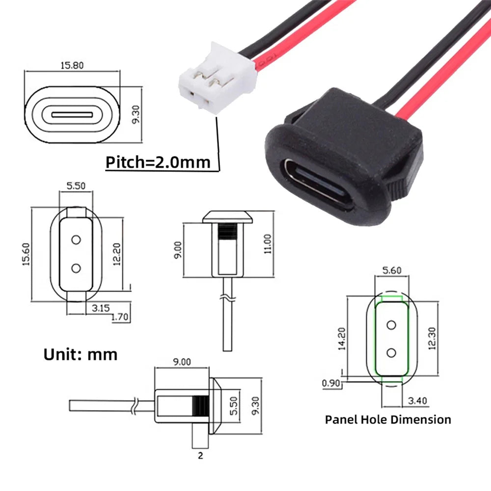 CN-025-2P 5Pcs / Set DIY OEM Type C Female Socket to 2 Pin Header Cable Pitch 2.0mm Latch Mount Type DC 5V / 20V PD Power - 6